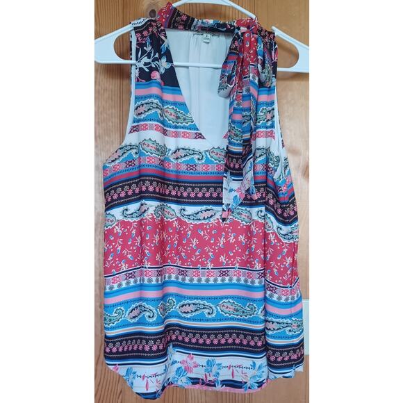 Emma & Olivia Paisley Tunic Womens Large White Pink and Black Tie Front Career - Picture 3 of 6